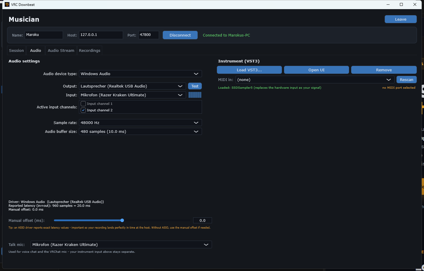 Musician audio settings with device selection, latency info and VST3 instrument slot