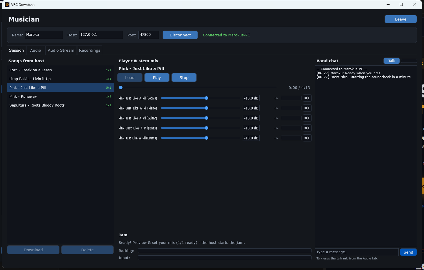 Musician view ready for the jam with loaded song and ready status