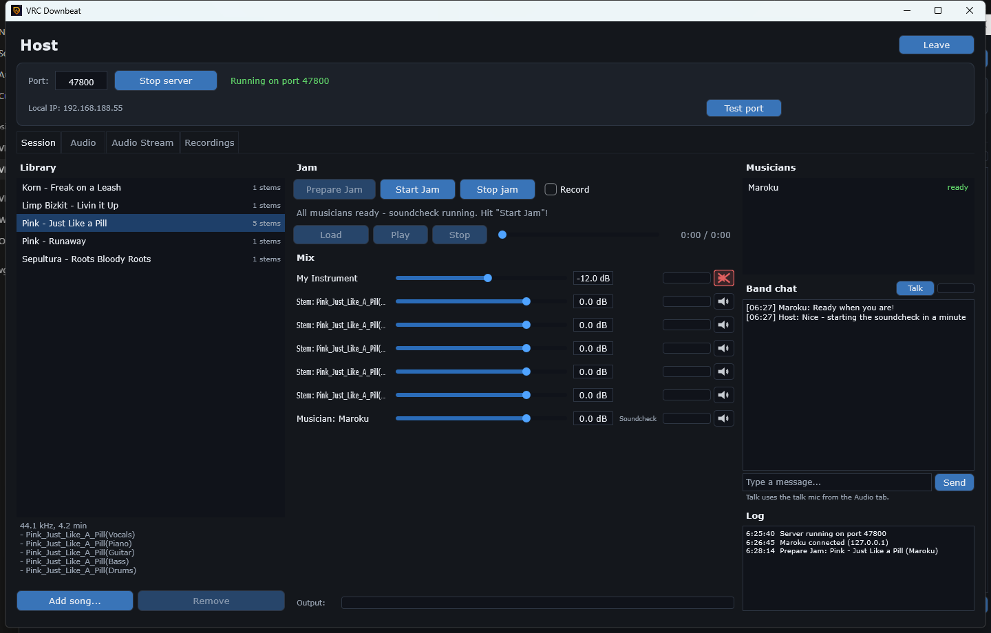 Host view during Prepare Jam with stem faders, musician fader and ready status